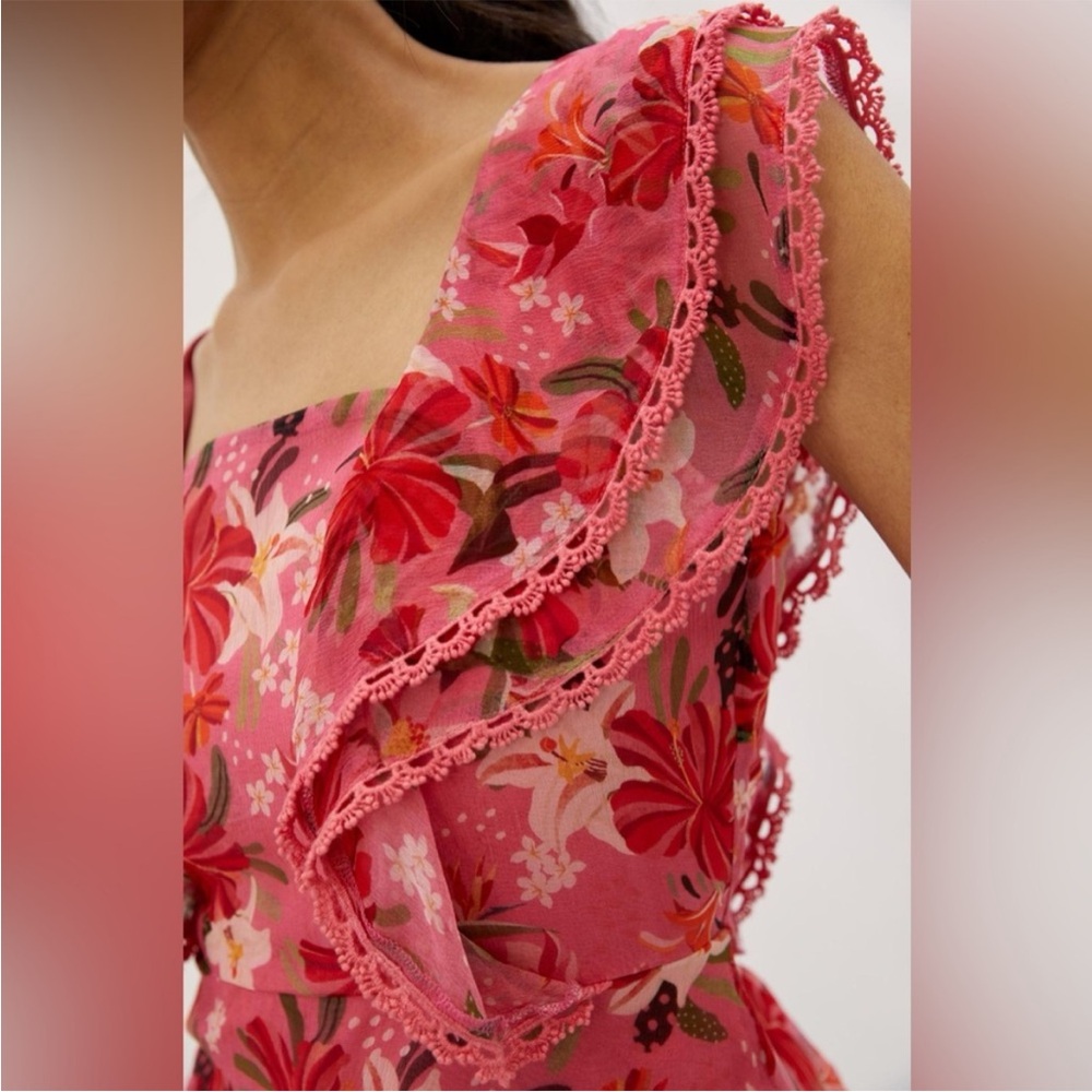FARM Rio Pink Red Floral Ruffle Square-Neck Blouse - Picture 2 of 15